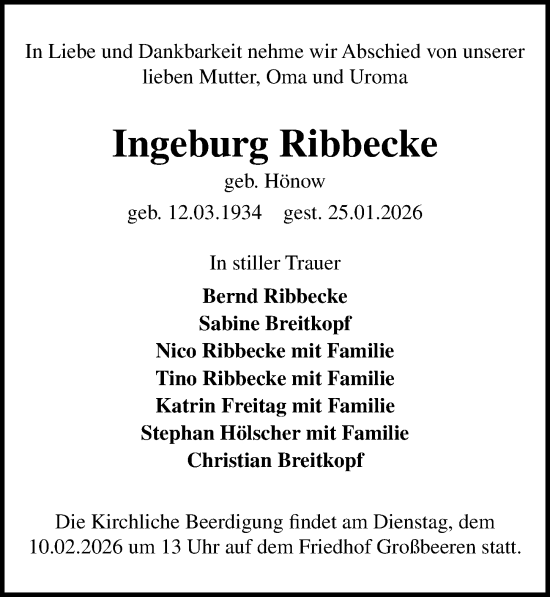 Traueranzeige von Ingeburg Ribbecke von Märkischen Allgemeine Zeitung