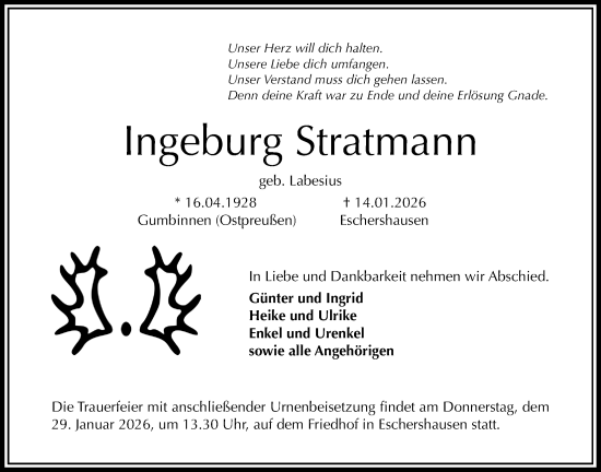 Traueranzeige von Ingeburg Stratmann von Täglicher Anzeiger Holzminden