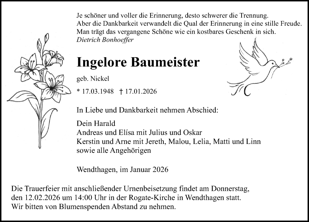  Traueranzeige für Ingelore Baumeister vom 24.01.2026 aus Schaumburger Nachrichten