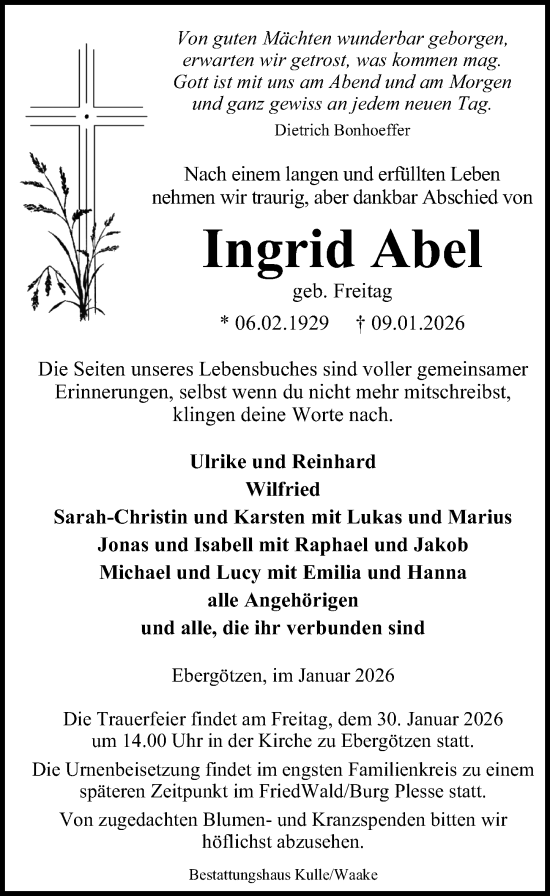 Traueranzeige von Ingrid Abel von Göttinger Tageblatt
