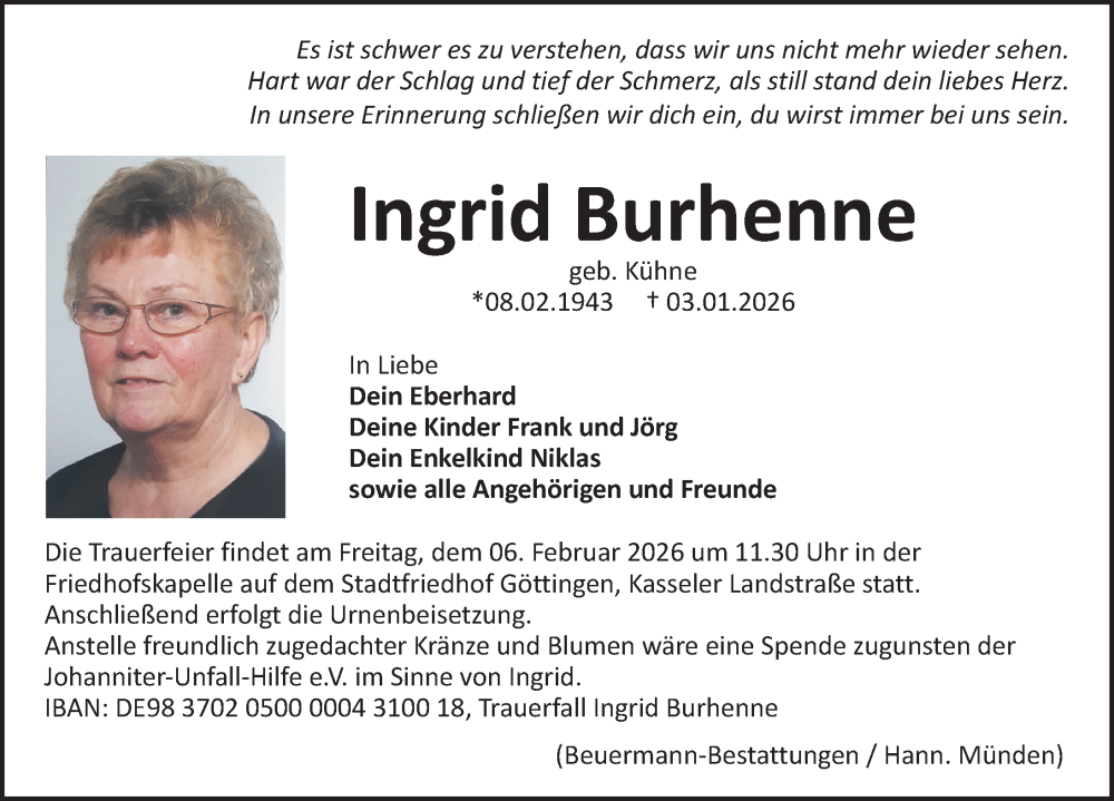  Traueranzeige für Ingrid Burhenne vom 31.01.2026 aus Göttinger Tageblatt
