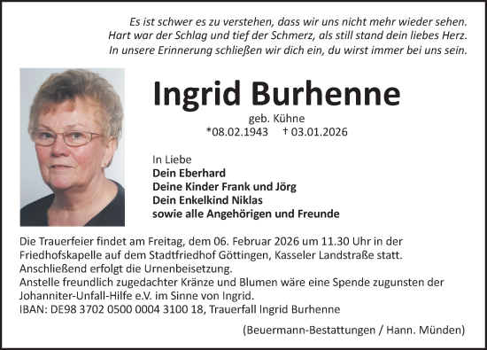 Traueranzeige von Ingrid Burhenne von Göttinger Tageblatt