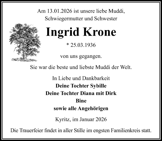 Traueranzeige von Ingrid Krone von Wochenspiegel