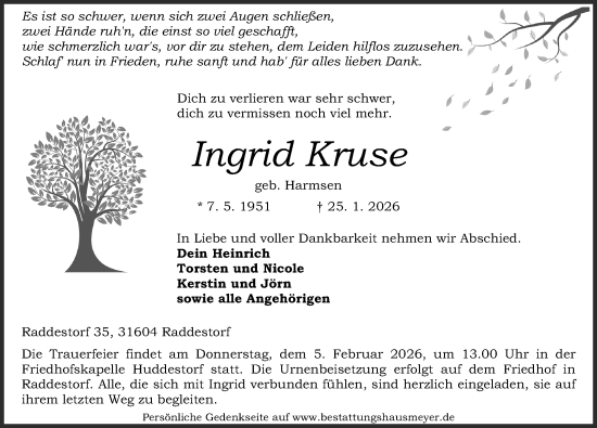 Traueranzeige von Ingrid Kruse von Die Harke