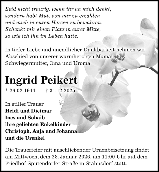 Traueranzeige von Ingrid Peikert von Märkischen Allgemeine Zeitung