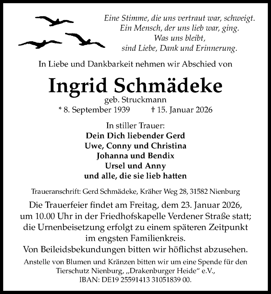  Traueranzeige für Ingrid Schmädeke vom 20.01.2026 aus Die Harke