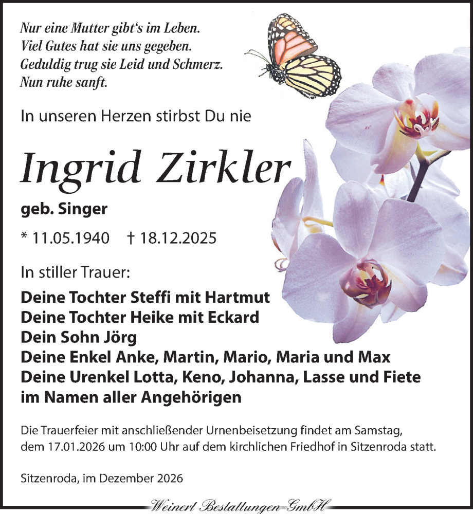  Traueranzeige für Ingrid Zirkler vom 03.01.2026 aus Torgauer Zeitung