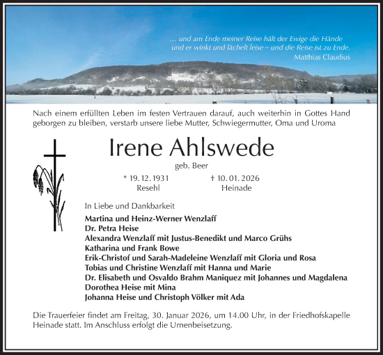 Traueranzeige von Irene Ahlswede von Täglicher Anzeiger Holzminden