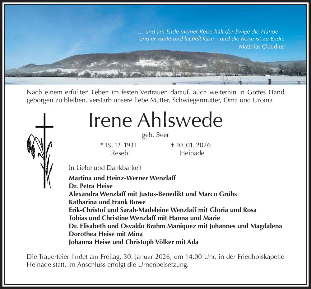  Traueranzeige für Irene Ahlswede vom 24.01.2026 aus Täglicher Anzeiger Holzminden