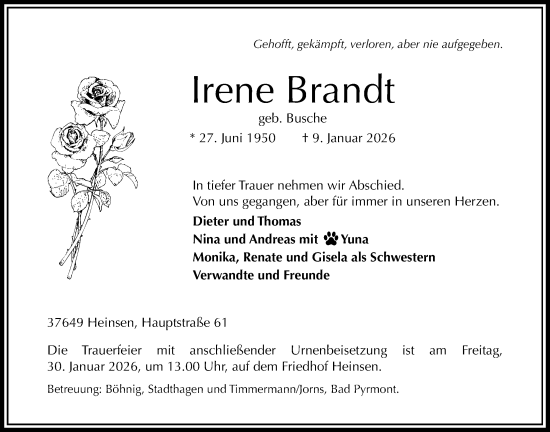 Traueranzeige von Irene Brandt von Täglicher Anzeiger Holzminden