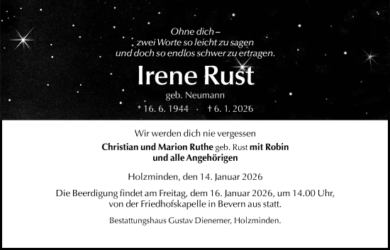 Traueranzeige von Irene Rust von Täglicher Anzeiger Holzminden