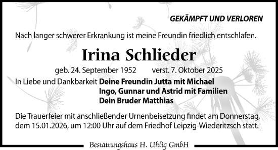 Traueranzeige von Irina Schlieder von Leipziger Volkszeitung