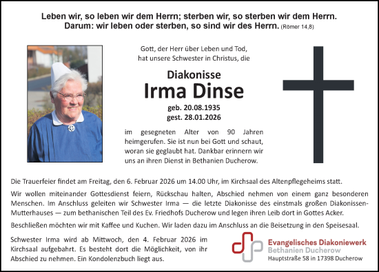 Traueranzeige von Irma Dinse von Ostsee-Zeitung GmbH