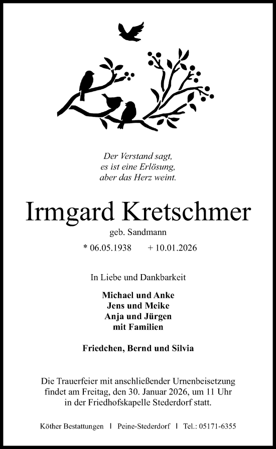 Traueranzeige von Irmgard Kretschmer von Peiner Allgemeine Zeitung