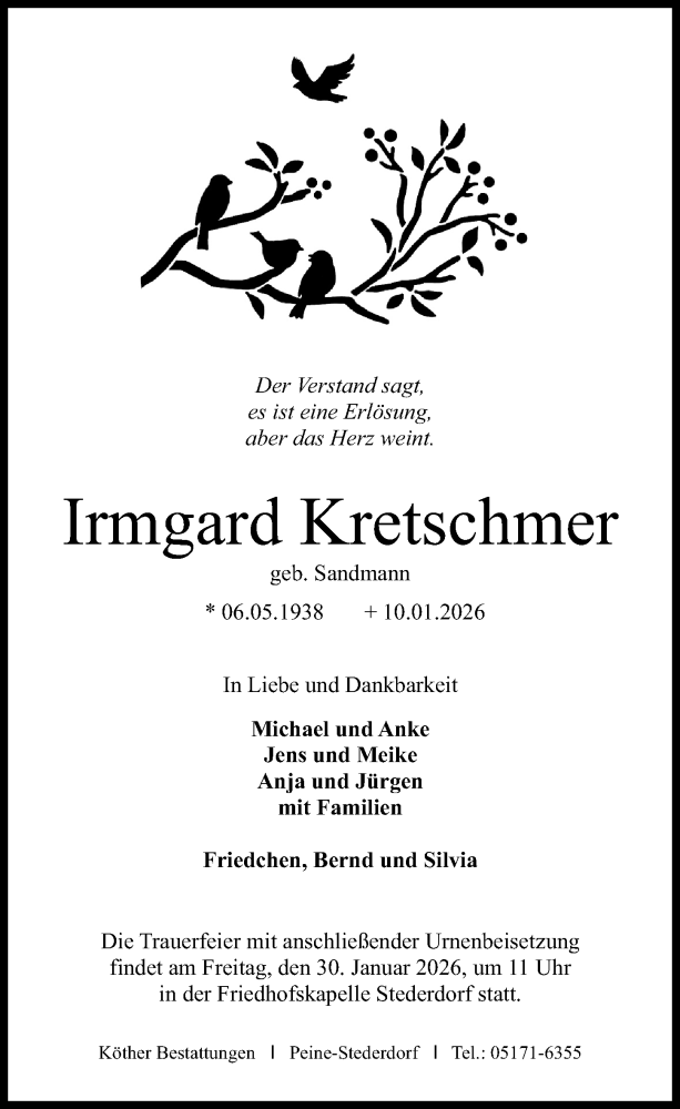  Traueranzeige für Irmgard Kretschmer vom 24.01.2026 aus Peiner Allgemeine Zeitung