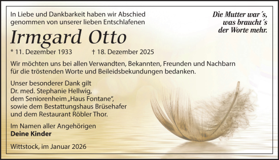 Traueranzeige von Irmgard Otto von Wochenspiegel
