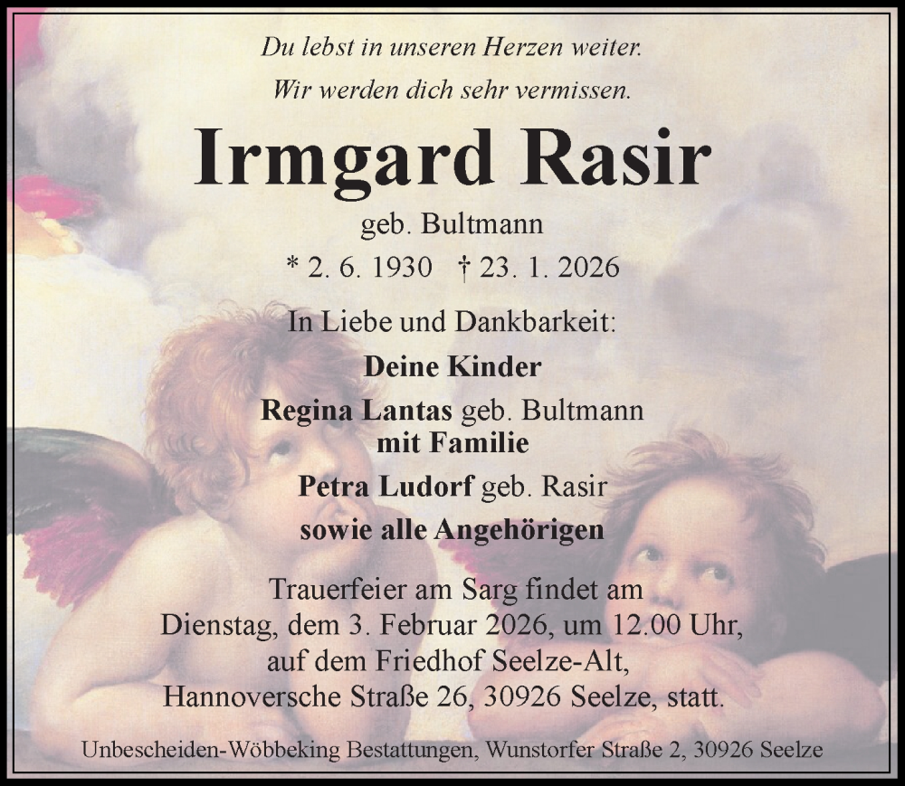  Traueranzeige für Irmgard Rasir vom 31.01.2026 aus Hannoversche Allgemeine Zeitung/Neue Presse