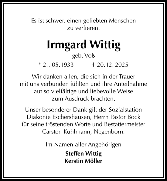 Traueranzeige von Irmgard Wittig von Täglicher Anzeiger Holzminden