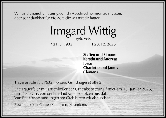 Traueranzeige von Irmgard Wittig von Täglicher Anzeiger Holzminden