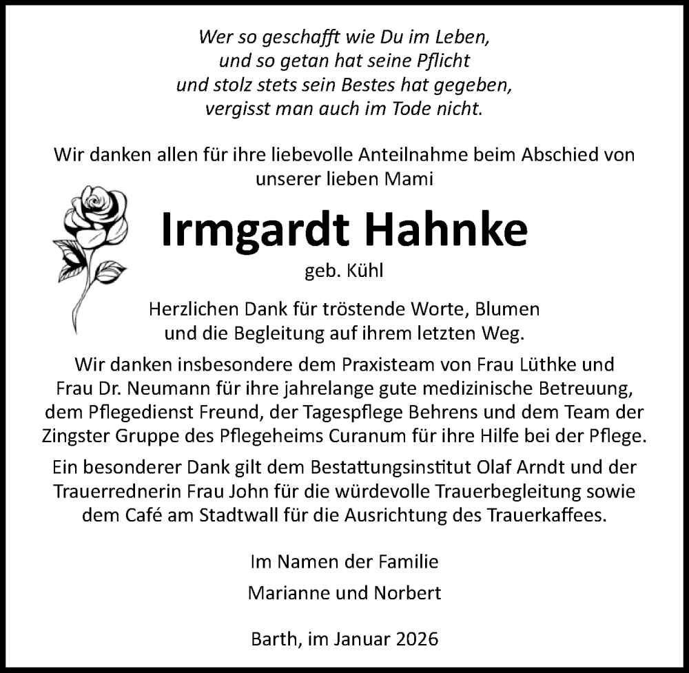  Traueranzeige für Irmgardt Hahnke vom 17.01.2026 aus Ostsee-Zeitung GmbH