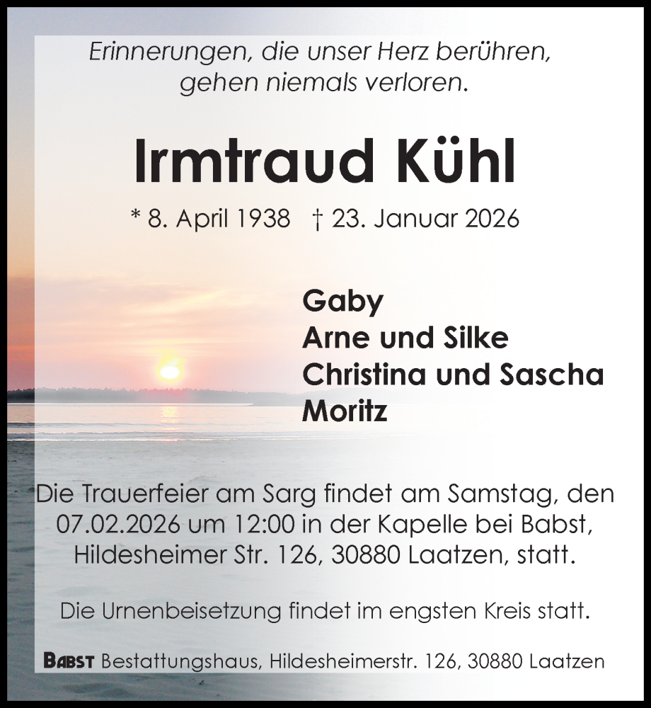  Traueranzeige für Irmtraud Kühl vom 31.01.2026 aus Hannoversche Allgemeine Zeitung/Neue Presse