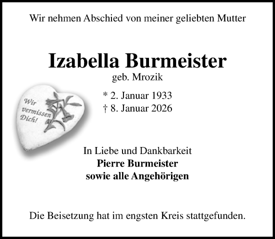 Traueranzeige von Izabella Burmeister von Lübecker Nachrichten