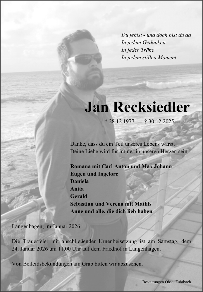  Traueranzeige für Jan Recksiedler vom 17.01.2026 aus Aller Zeitung