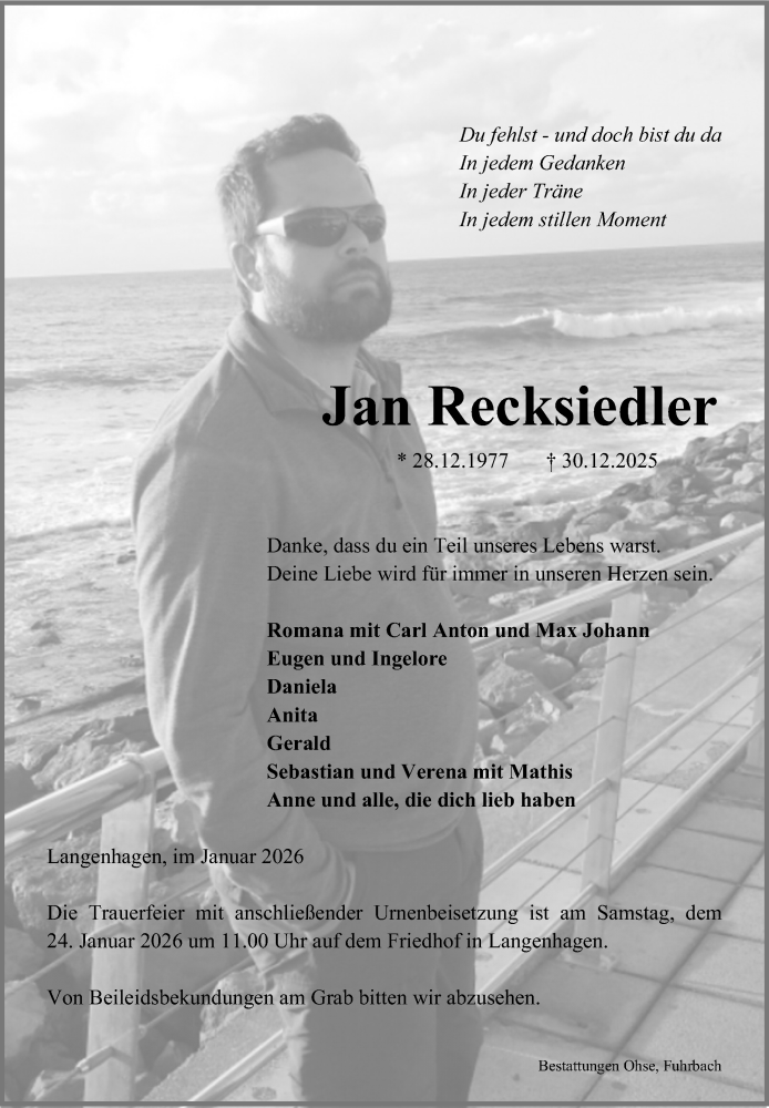  Traueranzeige für Jan Recksiedler vom 17.01.2026 aus Eichsfelder Tageblatt