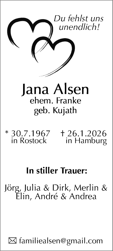 Traueranzeige von Jana Alsen von Ostsee-Zeitung GmbH