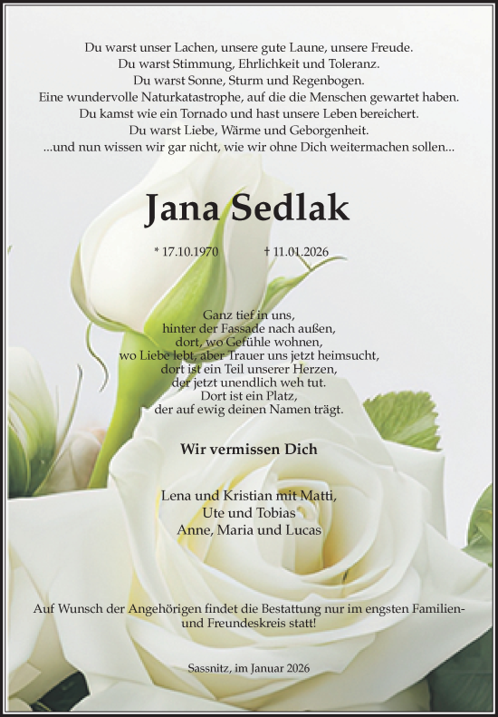 Traueranzeige von Jana Sedlak von Ostsee-Zeitung GmbH