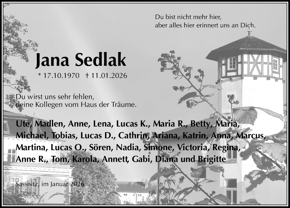  Traueranzeige für Jana Sedlak vom 17.01.2026 aus Ostsee-Zeitung GmbH