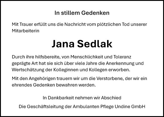Traueranzeige von Jana Sedlak von Ostsee-Zeitung GmbH