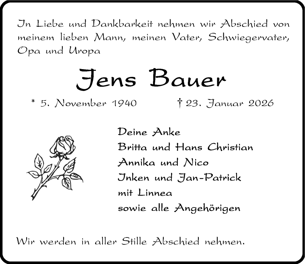  Traueranzeige für Jens Bauer vom 31.01.2026 aus Kieler Nachrichten