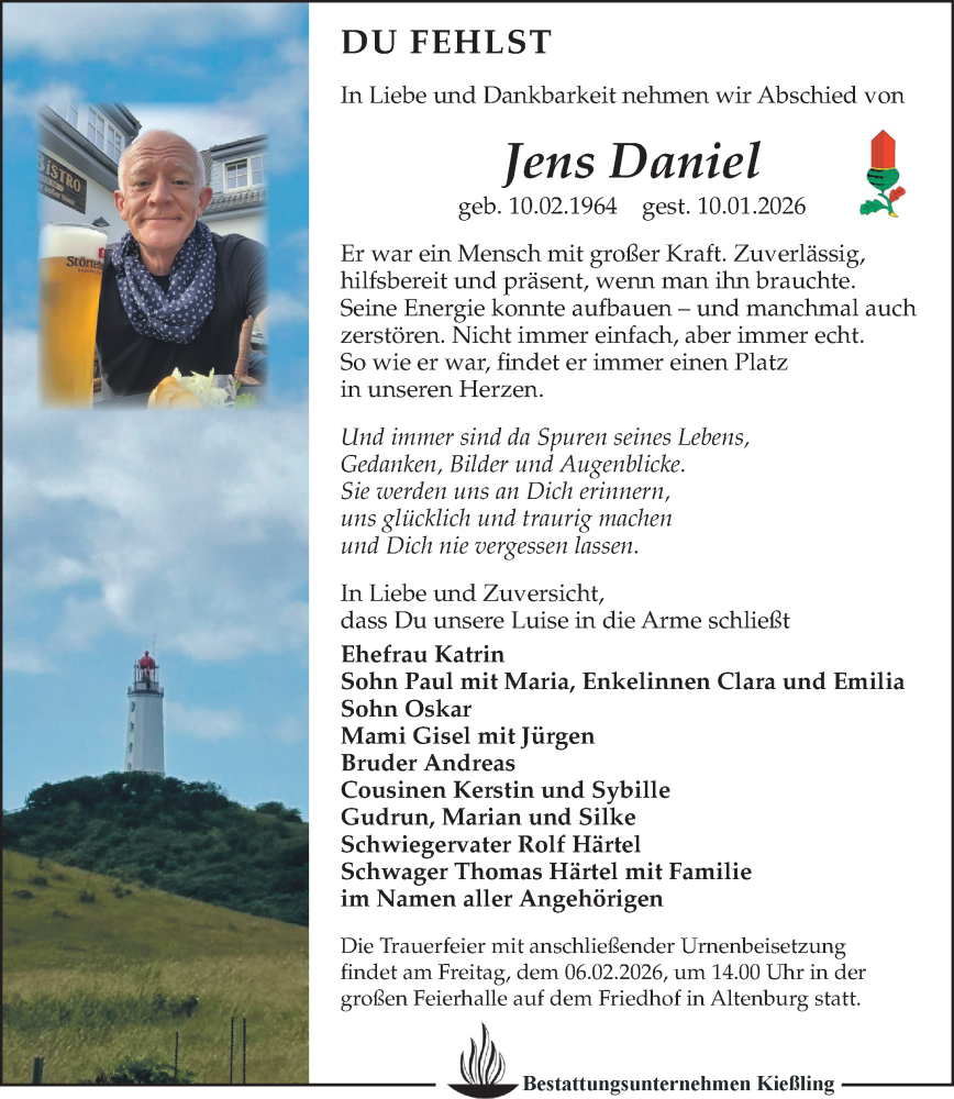  Traueranzeige für Jens Daniel vom 17.01.2026 aus Leipziger Volkszeitung
