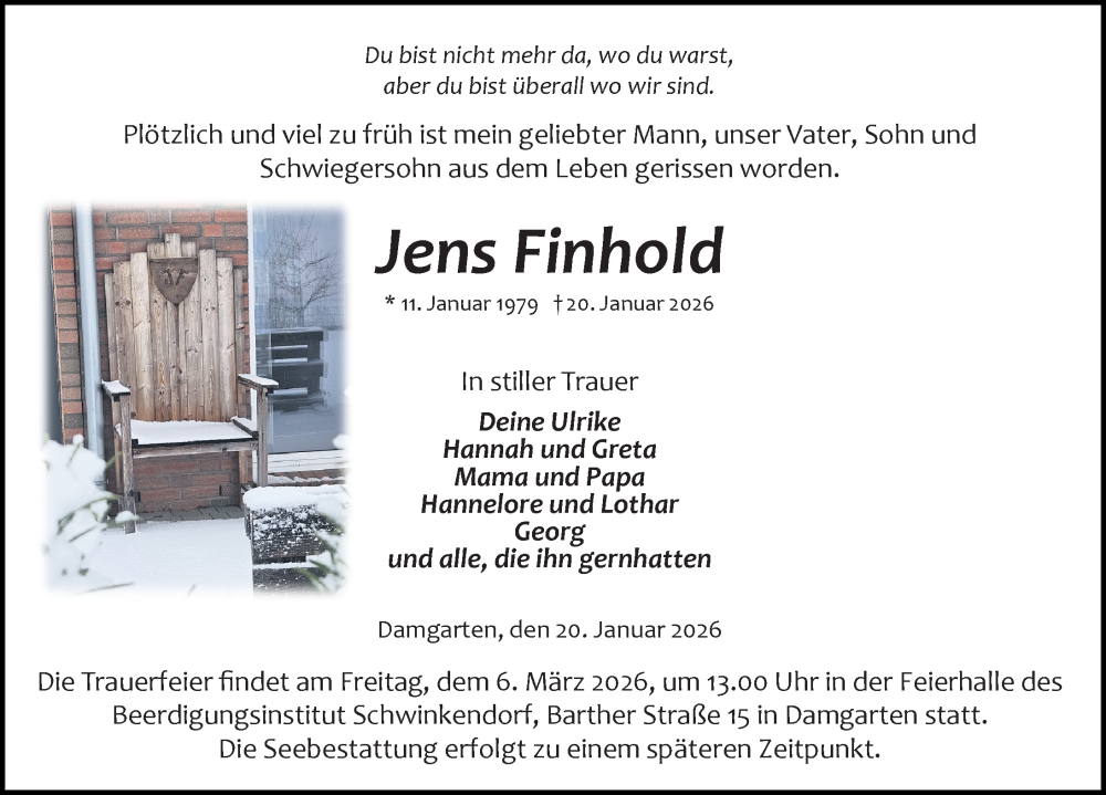  Traueranzeige für Jens Finhold vom 31.01.2026 aus Ostsee-Zeitung GmbH