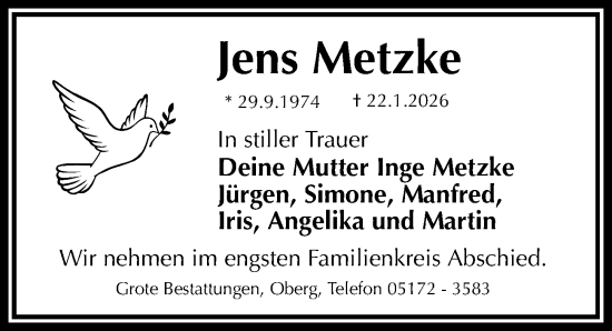 Traueranzeige von Jens Metzke von Peiner Allgemeine Zeitung