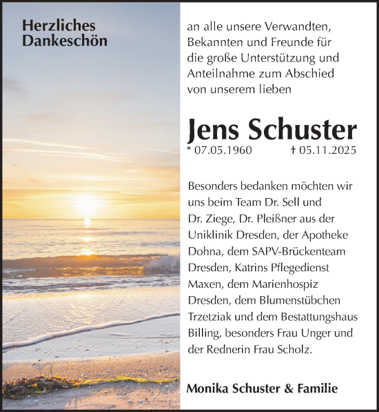 Traueranzeige von Jens Schuster von Sächsische Zeitung