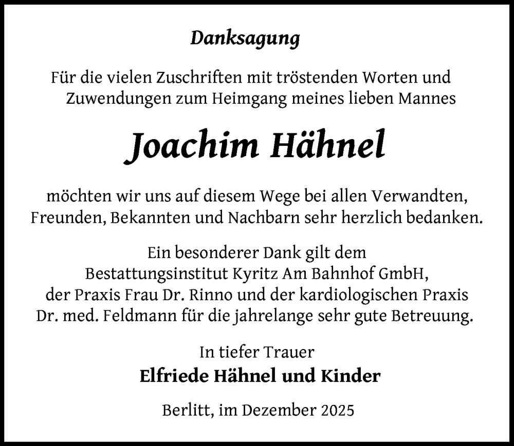  Traueranzeige für Joachim Hähnel vom 10.01.2026 aus Wochenspiegel