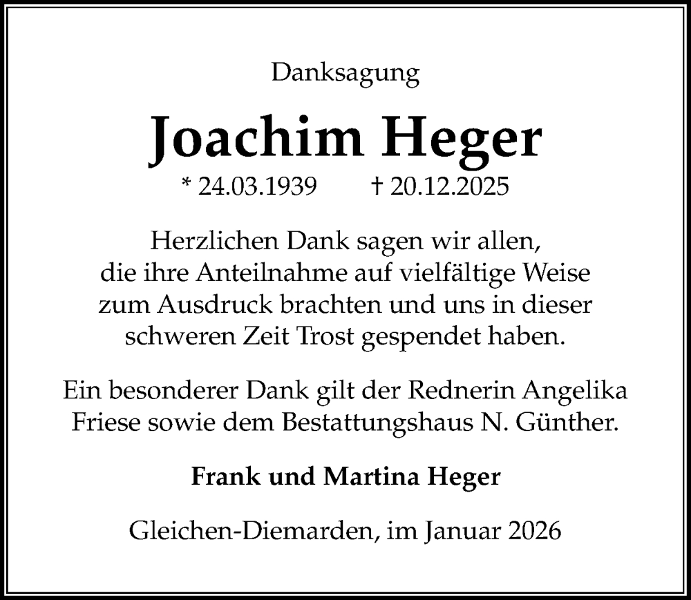  Traueranzeige für Joachim Heger vom 24.01.2026 aus Göttinger Tageblatt