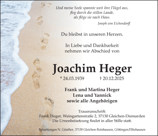 Traueranzeige von Joachim Heger von Göttinger Tageblatt