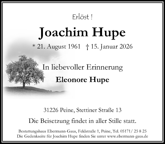 Traueranzeige von Joachim Hupe von Peiner Allgemeine Zeitung