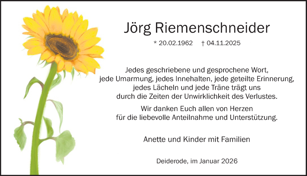 Traueranzeige für Jörg Riemenschneider vom 10.01.2026 aus Göttinger Tageblatt