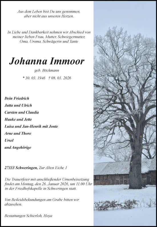 Traueranzeige von Johanna Immoor von Die Harke