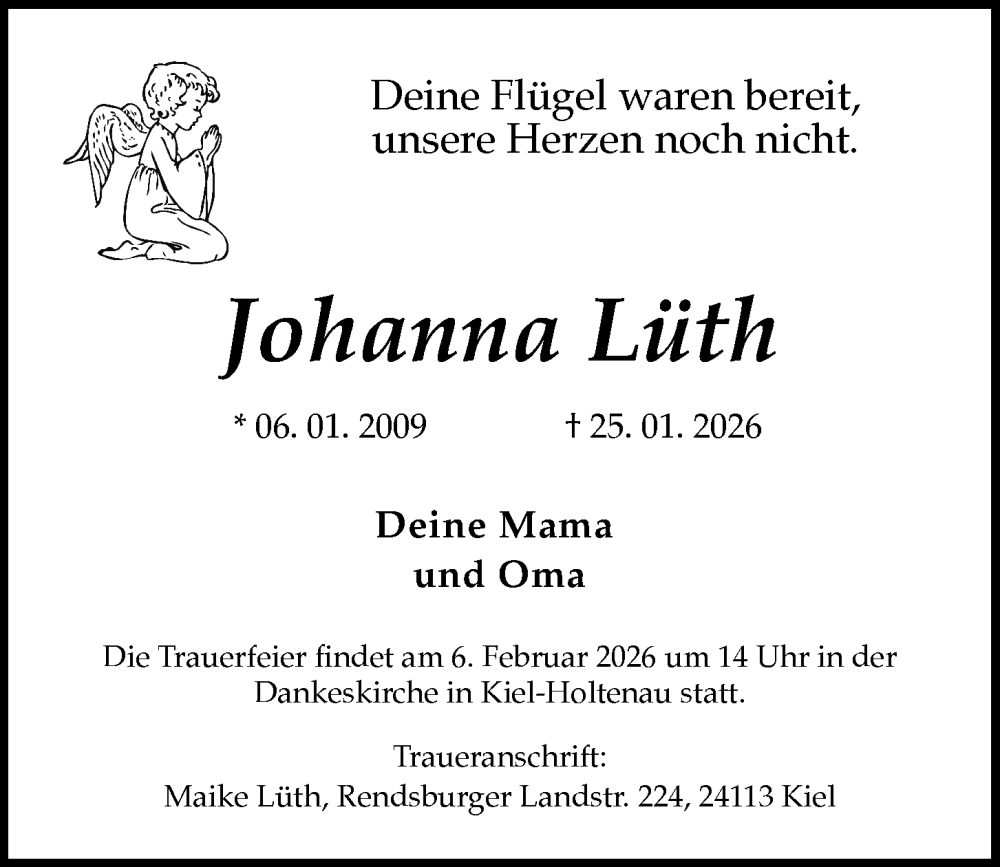  Traueranzeige für Johanna Lüth vom 31.01.2026 aus Kieler Nachrichten