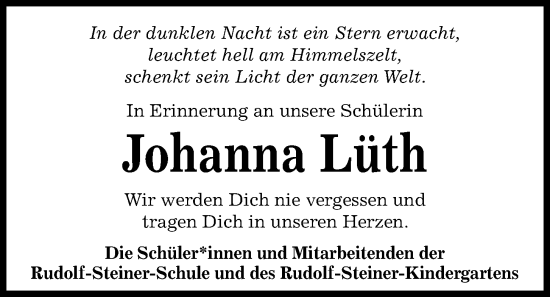 Traueranzeige von Johanna Lüth von Kieler Nachrichten