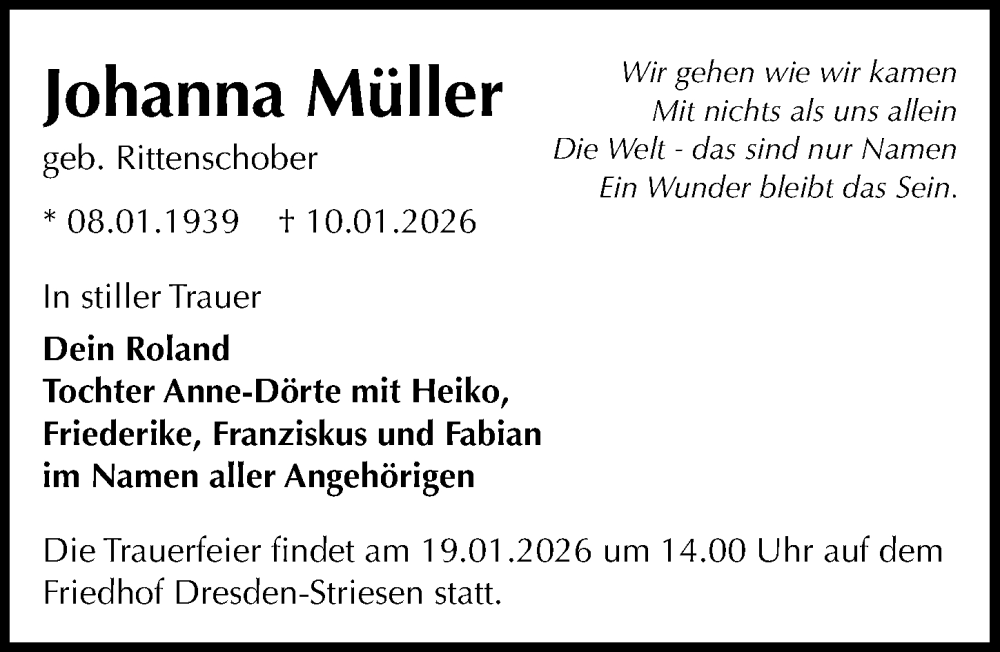  Traueranzeige für Johanna Müller vom 15.01.2026 aus Sächsische Zeitung