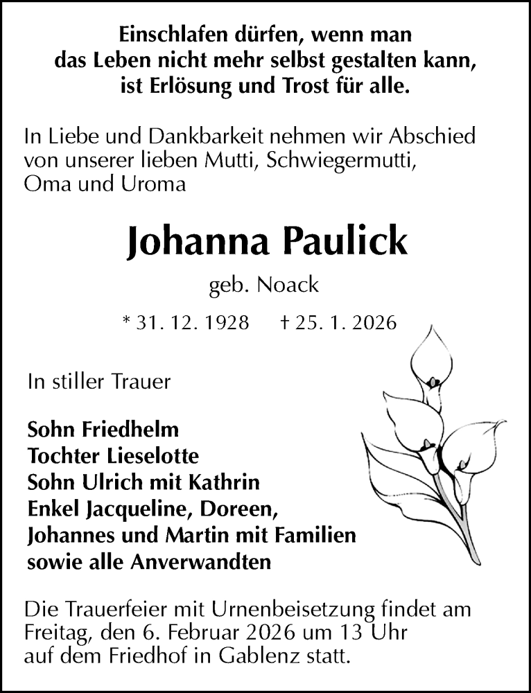  Traueranzeige für Johanna Paulick vom 31.01.2026 aus Sächsische Zeitung