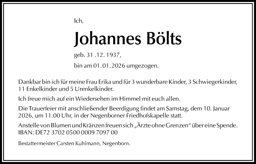  Traueranzeige für Johannes Bölts vom 03.01.2026 aus Täglicher Anzeiger Holzminden