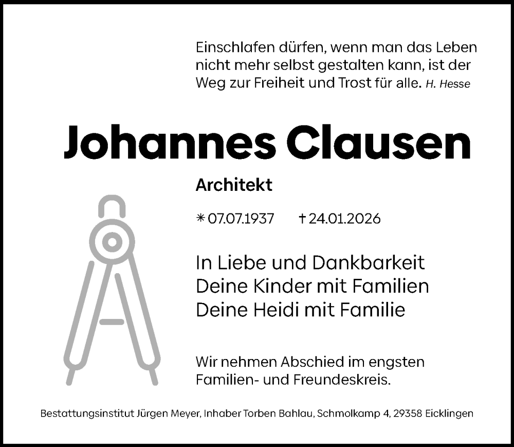  Traueranzeige für Johannes Clausen vom 31.01.2026 aus Hannoversche Allgemeine Zeitung/Neue Presse