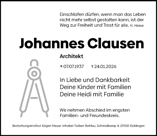 Traueranzeige von Johannes Clausen von Hannoversche Allgemeine Zeitung/Neue Presse